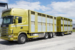камион за превоз на коне SCANIA R164 V8, 6x2, 2 hydraulic decks, 70m2 , live stock + العربات المقطورة شاحنة نقل المواشي